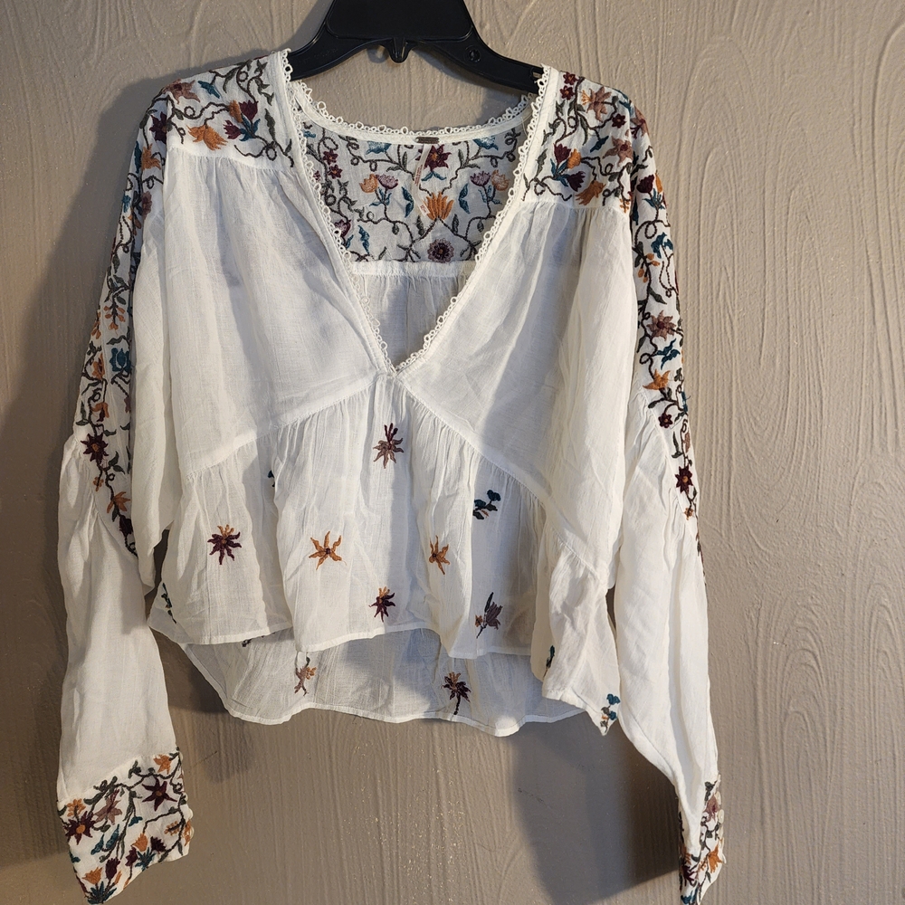 Free People Ava Embroidery Blouse Boho Crop Ivory Womens Size Xs/sm